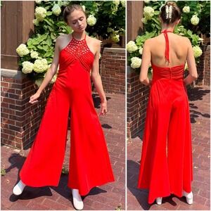 Vintage 1970s Red Halter Jumpsuit Disco Retro 70 Cutout Groovy Palazzo Small